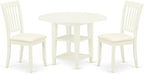 East West Furniture SUDA3-LWH-C 3 Piece Dining Table Set Contains a Round Dining Room Table with Dropleaf & Shelves and 2 Linen Fabric Upholstered Chairs, 42x42 Inch, Linen White
