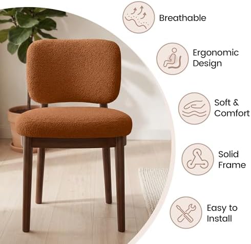 Wooden Dining Chairs Set of 6, Boucle Upholstered Kitchen Chairs with Solid W...