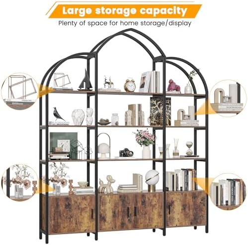 Arched Bookshelf and Bookcase with 3 Cabinets, Triple Wide 5 Tier Standing Bo...