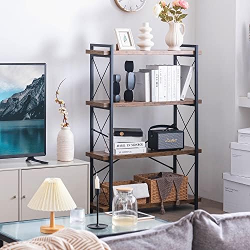 HCHQHS Bookshelf, 4-Tier Industrial Bookcase, Rustic Open Book Shelf, Freesta...
