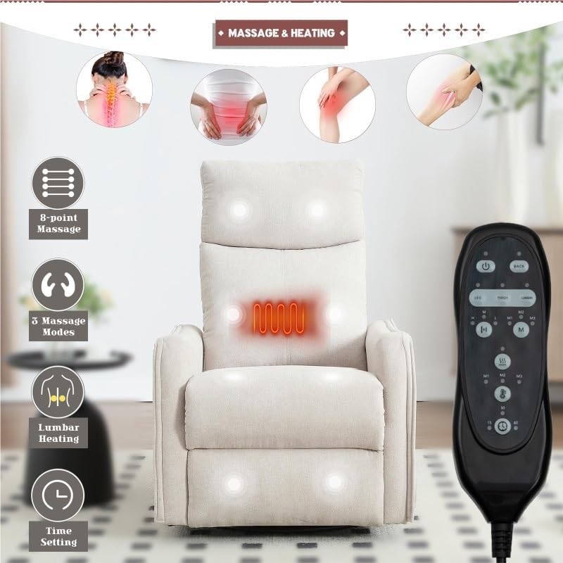360 Swivel Rocker Recliner Chair for Adults with Heat Massage Function Adjustable Backrest Footrest Glider Reclining Chair for Bedroom Living Room Office
