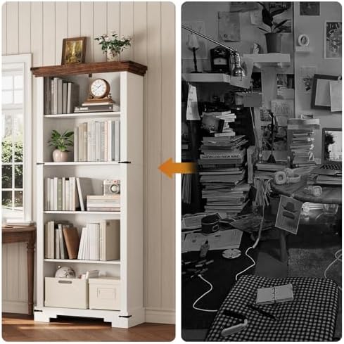 5-Tier Farmhouse Bookshelf, 61.1 inch Tall Bookcase with Storage & Unique...