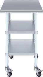 AmGood Stainless Steel Work Table with 2 Shelves and Casters | Metal Utility Table On Wheels (Stainless Steel Work Table with 2 Shelves + Casters, 24" Long x 24" Deep)