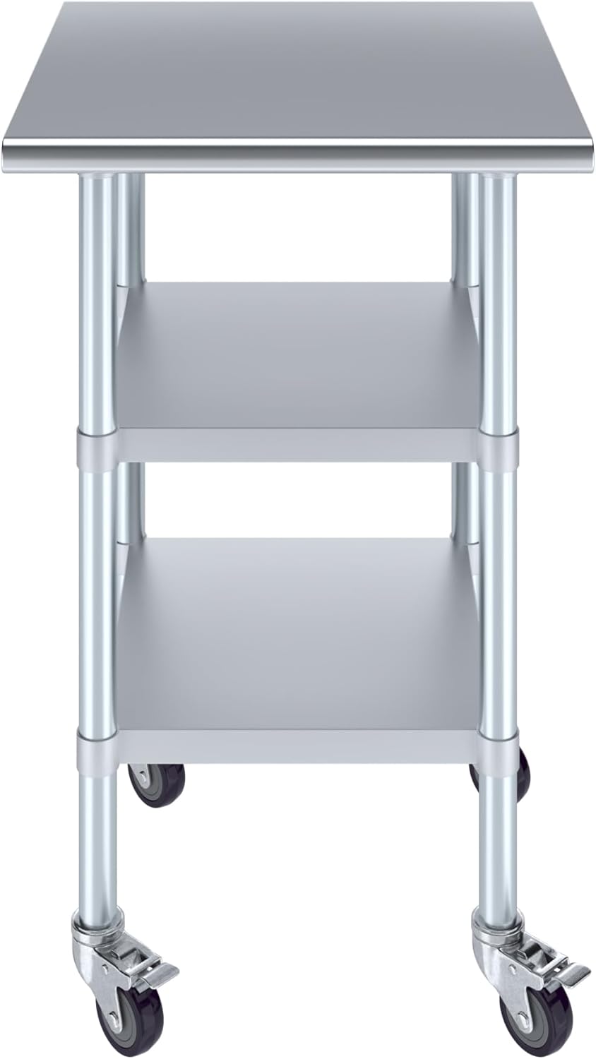 AmGood Stainless Steel Work Table with 2 Shelves and Casters | Metal Utility Table On Wheels (Stainless Steel Work Table with 2 Shelves + Casters, 24" Long x 24" Deep)