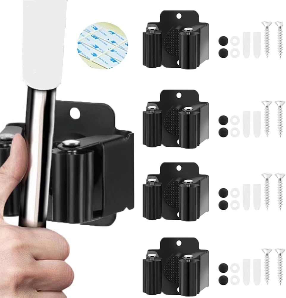 4Pcs peel and stick mop and broom holder wall mount Stainless Steel Heavy Duty Mop Holder Broom Hanger Wall with Screws, Garden Outdoor Tool Organizer Rack Broom Hanger