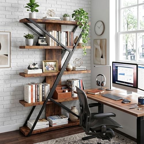 FUSUNBAO 5-Tier Industrial Bookshelf, Tall Wood and Metal Bookcase,Brown