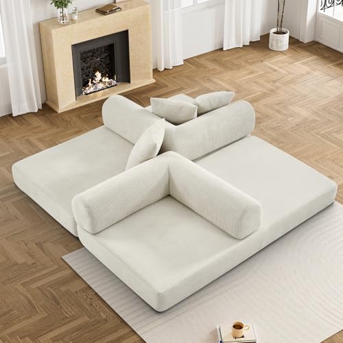 DAMAIFROM Convertible Sleeper Sofa Bed Floor Couch, Beige White | 80" Co...