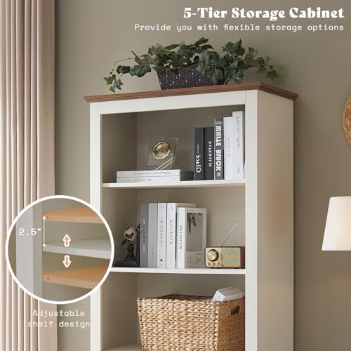 AMERLIFE 2-Piece 5-Tier Farmhouse Bookcase with Barn Doors, Rustic White