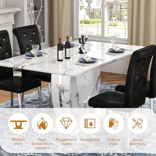 Modern Faux Marble Dining Table Set for 6, 63" White Rectangular Kitchen Table with Elegant U-Shaped Pedestal Base & 6 Tufted Upholstered High-Back Chairs, Luxury 7-Piece Dining Room Furniture Set