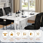 Modern Faux Marble Dining Table Set for 6, 63" White Rectangular Kitchen Table with Elegant U-Shaped Pedestal Base & 6 Tufted Upholstered High-Back Chairs, Luxury 7-Piece Dining Room Furniture Set