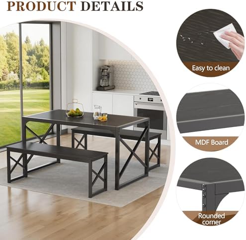 VECELO 55” Kitchen Dining Table Set for 4, Heavy-Duty Steel Frame & Wood-...