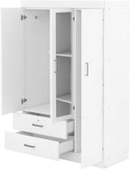 3 Doors Wardrobe Armoire Closet with Mirror, 68.2" H Wooden Freestanding Armoire Wardrobe Closet with Locking Drawers and Shelves, Bedroom Clothes Closets Wardrobes Cabinet with Hanging Rod, White