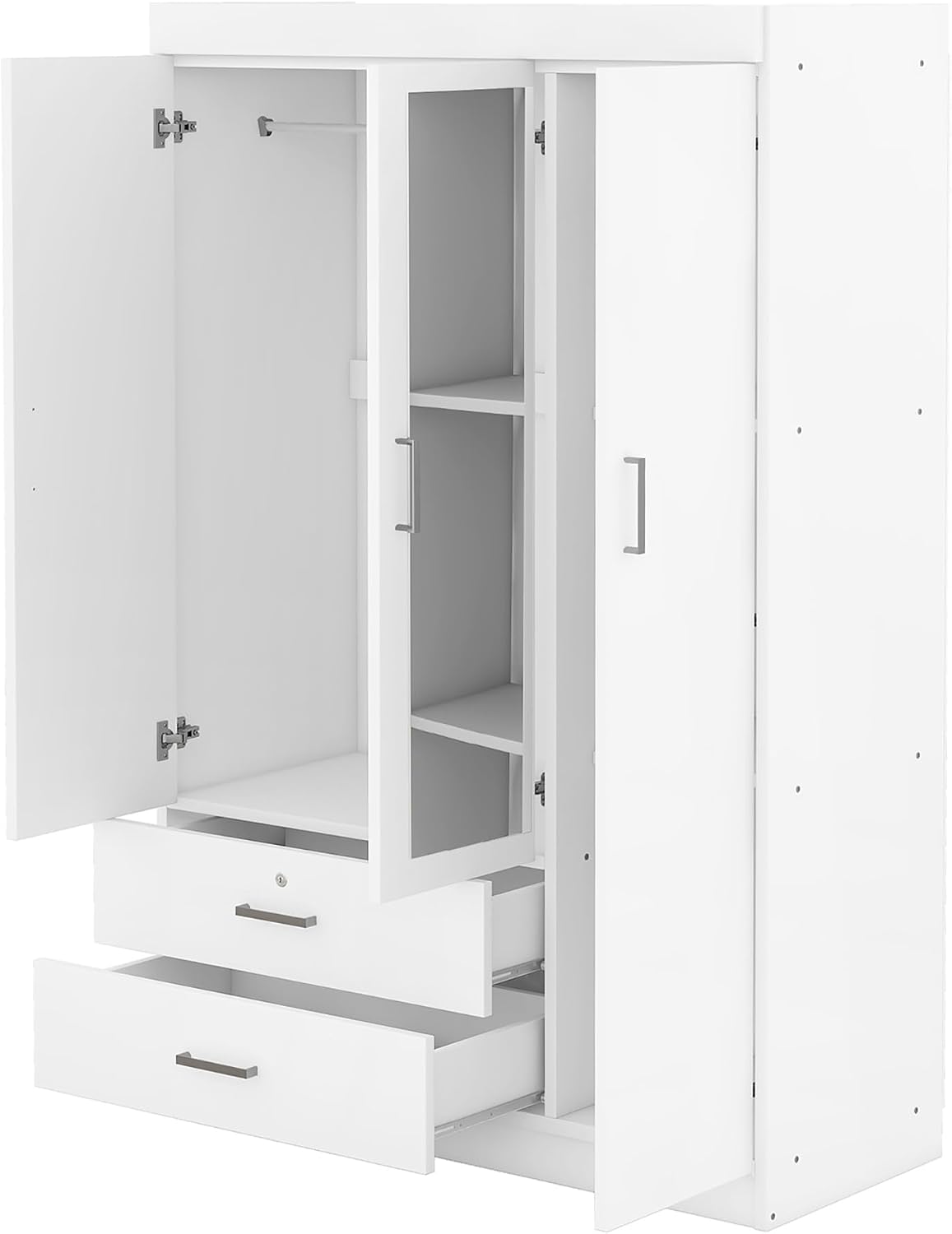 3 Doors Wardrobe Armoire Closet with Mirror, 68.2" H Wooden Freestanding Armoire Wardrobe Closet with Locking Drawers and Shelves, Bedroom Clothes Closets Wardrobes Cabinet with Hanging Rod, White