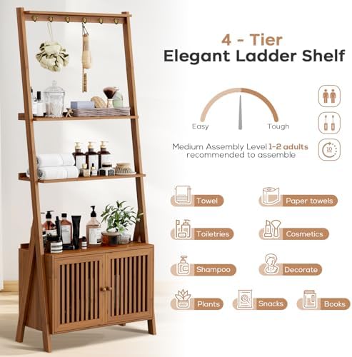 Bookcase with Drawers, Ladder Shelf 4-Tier Bamboo Bookshelf with 6 Hooks