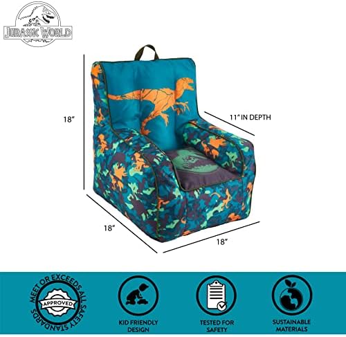Idea Nuova Jurassic World Dinosaur Bean Bag Chair,Blue 18” x 18” Nylon Chair with Piping and Top Carry Handle, Lightweight & Portable Seating for Kids Room