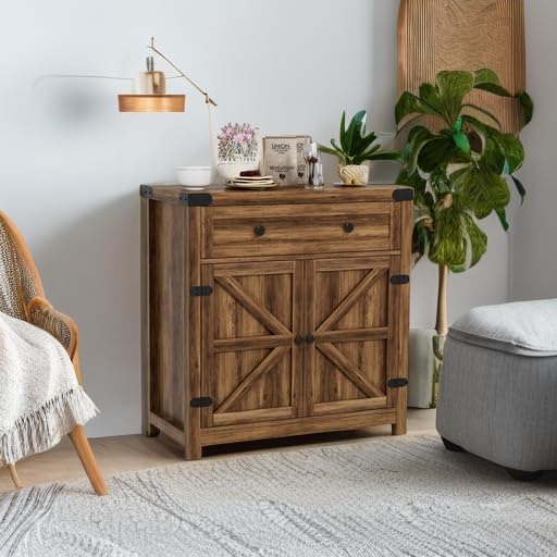 YESHOMY Farmhouse Coffee Bar and Accent Cabinet with Barn Doors, Brown