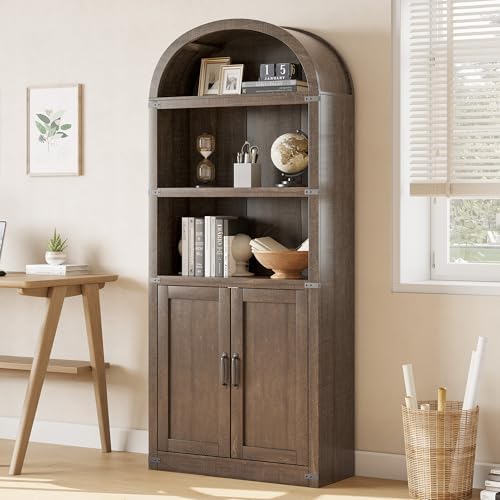 GarveeHome Bookcase with Doors Arched Bookshelf 71.65in Tall Bookcase Farmhou...