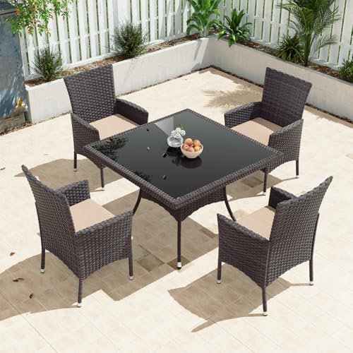 Gotland 5 Piece Outdoor Dining Set, All-Weather Rattan Patio Furniture Set wi...