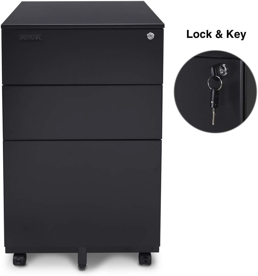 Aurora FC-103BK Modern SOHO Design 3-Drawer Metal Mobile File Cabinet with Lo...