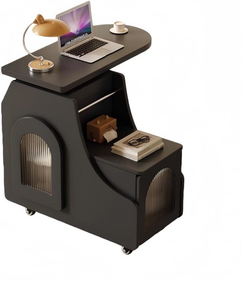 Mobile Side Table with Storage, Sofa End Table with Rotating Top, Glass Door ...