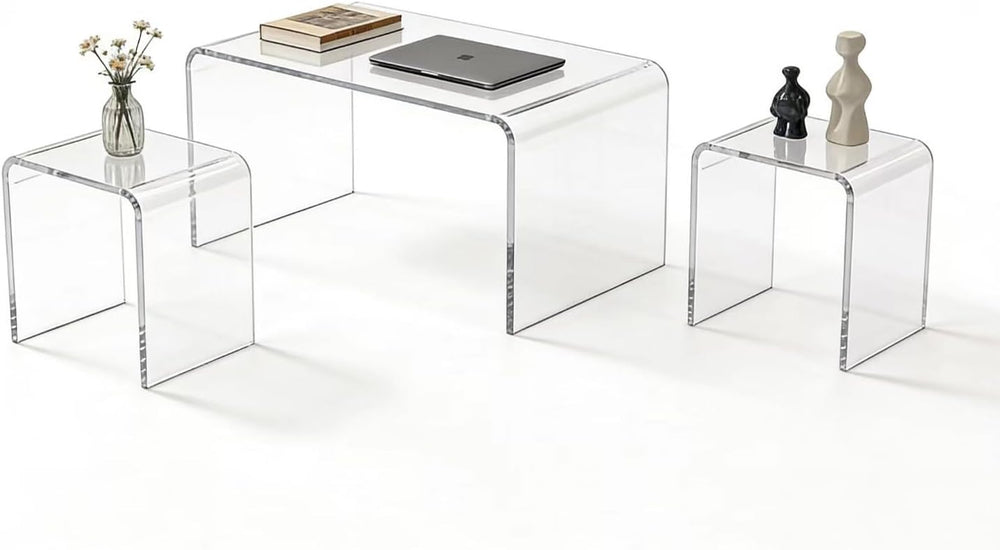 Clear Acrylic Coffee Table Set of 3, Modern Rectangular Coffee Table + 2 Tran...