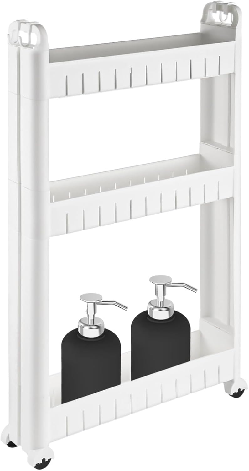 3 Tiers Slim Rolling Storage Cart, 3.5 Inches Slim Slide out Bathroom Organizer Cart, Tiered Storage Rack with Wheels, Narrow Mobile Utility Cart for Laundry Room, Kitchen, Office, Sturdy Room