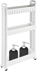 3 Tiers Slim Rolling Storage Cart, 3.5 Inches Slim Slide out Bathroom Organizer Cart, Tiered Storage Rack with Wheels, Narrow Mobile Utility Cart for Laundry Room, Kitchen, Office, Sturdy Room
