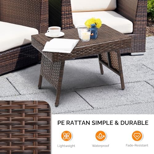 VINGLI Outdoor Folding Rattan Side Table, Portable Wicker End Table for Patio...