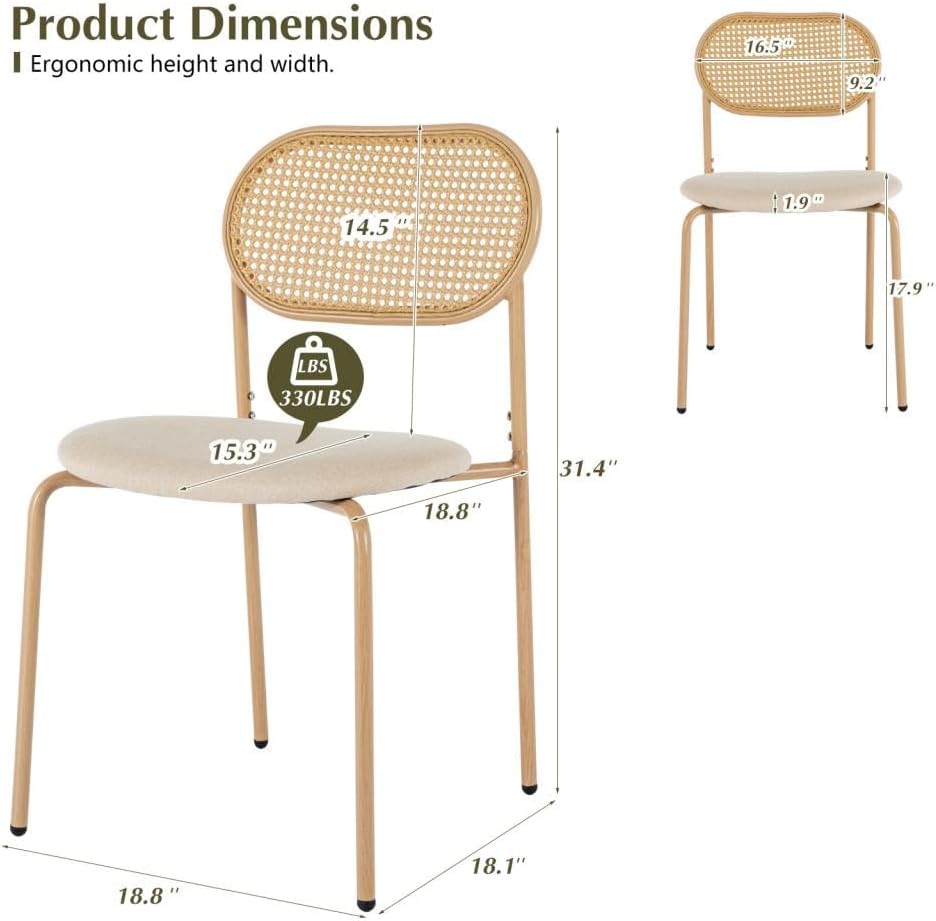 COSVALVE Boho Dining Chairs Set of 4 with Rattan Back, Rattan Dining Chairs