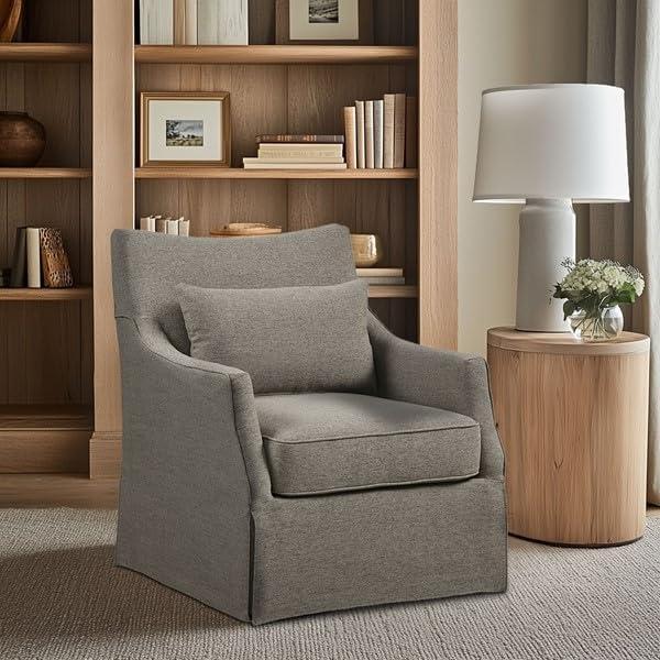 Martha Stewart London Swivel Chair - Solid Wood & Plywood, Skirted Metal Base Accent Armchair, Lumbar Pillow -Modern Classic Family Room Sofa Furniture Bedroom Lounge, 28"X31.5"X35.25", Tan Multi