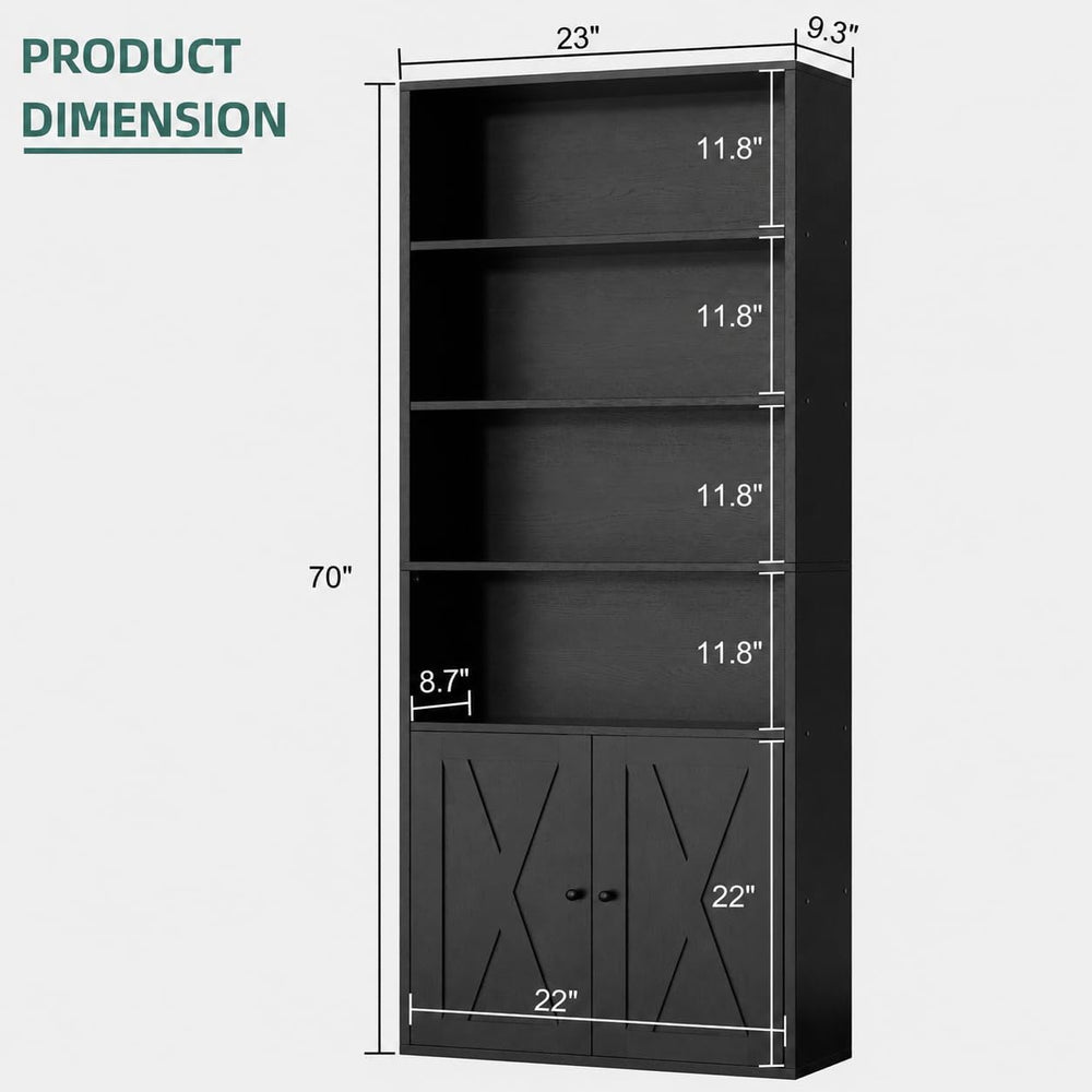 Modern Bookshelf with Doors, Industrial Bookshelves with 6-Tier Shelf, 71 inc...