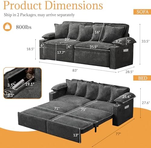 SUNWAVE 83" Sleeper Sofa, 3-in-1 Pull Out Sofa Bed Corduroy Couch Bed | ...