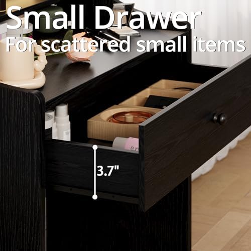 LIKIMIO Small Vanity Desk with Mirror Lights and Storage Stool | Black compac...
