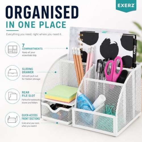 Exerz Desk Organizer 7 Compartments Metal Mesh Pen Holder Caddy White | Compact White Desktop Storage for Notes Clips Scissors Rulers Craft Tools Makeup Study and Home Use