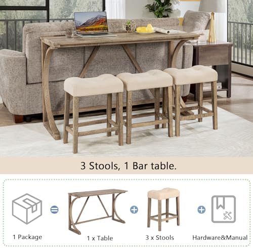 4-Piece Bar Table Set with Power Outlet, Dining Table and Chairs Set with 3 P...