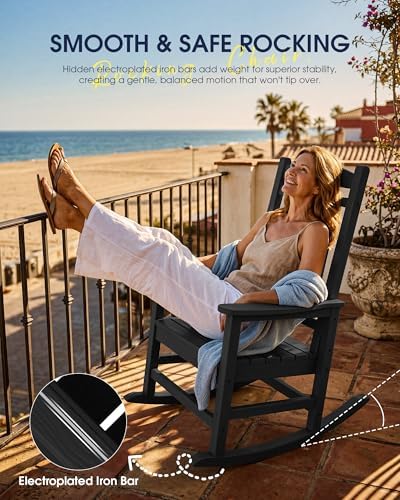 KINGYES Oversized Outdoor Rocking Chairs Set of 2, HDPE Porch Rocker, Black |...