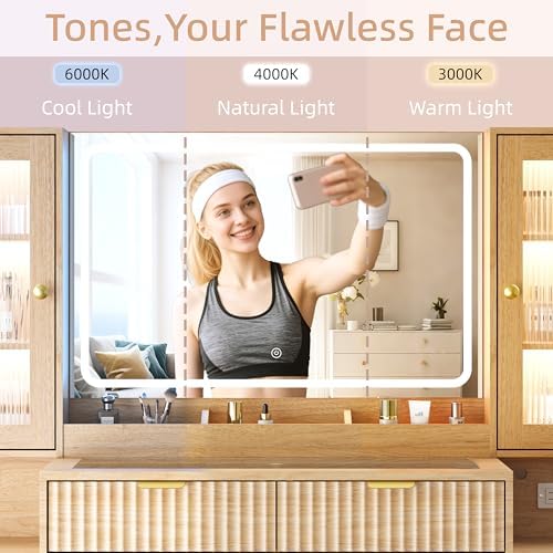 55" Vanity Desk with Mirror & Lights, Fluted Makeup Vanity with 8 Dr...