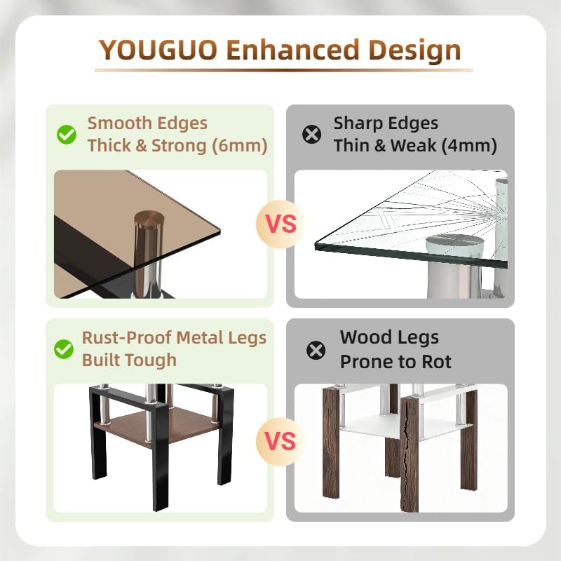 Glass Side Table Set of 2, Small 2-Tier End Table with Tempered Glass Top and...