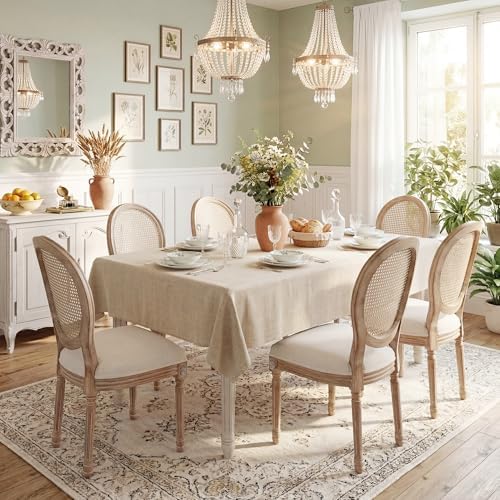 Polar Aurora Dining Chairs Set of 4 Beige Rattan Round Back with Solid Wood L...