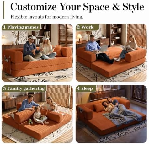 GEARIVY Folding Sofa Bed Convertable Corduroy Couch King Size Floor Sleeper 4-in-1 DIY Combination Modular Sofa Fold Out Futon Lounge Comfy Foldable Lazy cama for Living Room