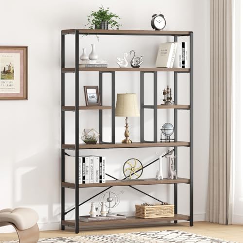 LVB 6 Tier Industrial Bookshelf for Bedroom Living Room Office, Rustic Oak