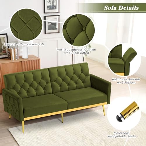 Velvet Sofa Set w/Adjustable Armrests & Backrests, Olive Green | Tufted A...
