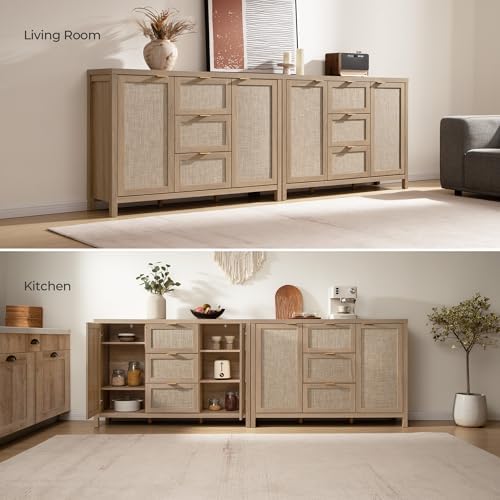 SICOTAS 52 Inch Rattan Sideboard Buffet Storage Cabinet with 3 Drawers