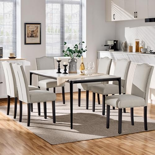 Yaheetech Dining Chairs Set of 6 Upholstered High Back Kitchen Chairs Beige