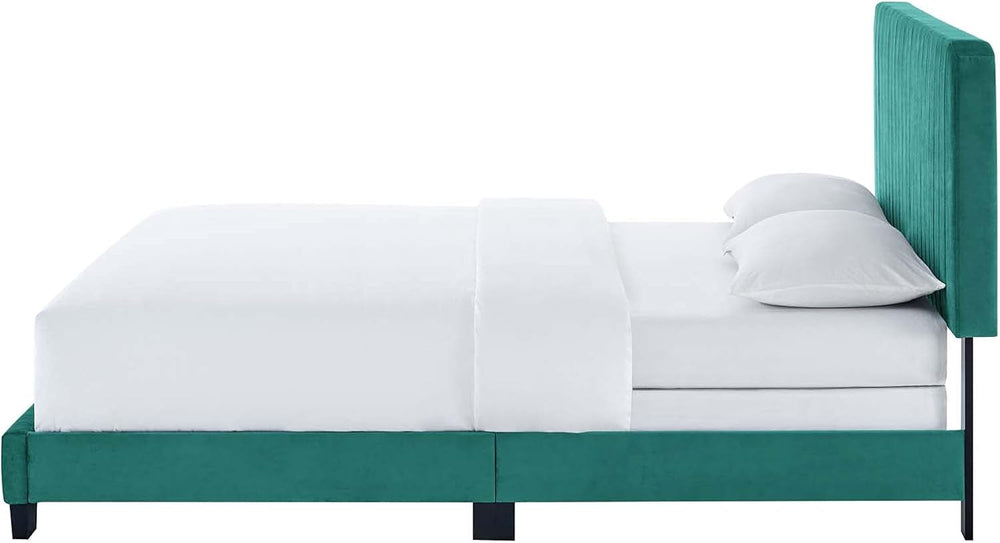 Tufted Platform Bed Frame, King Size, Velvet, Teal Blue, Modern Contemporary,...