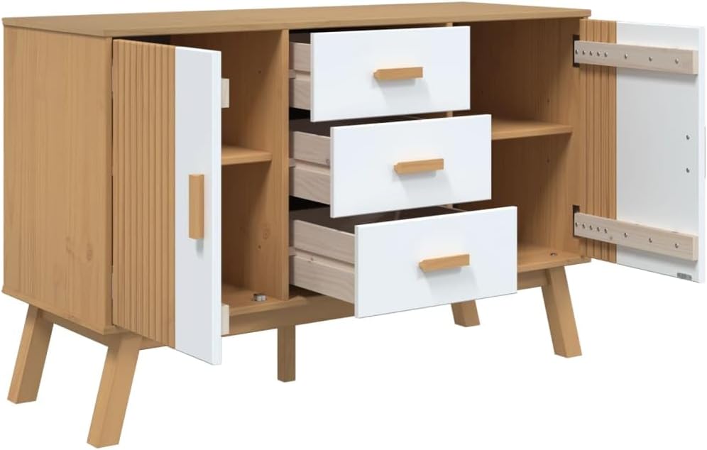 White and Brown Solid Pine Wood Sideboard with Multiple Drawers and Doors for...