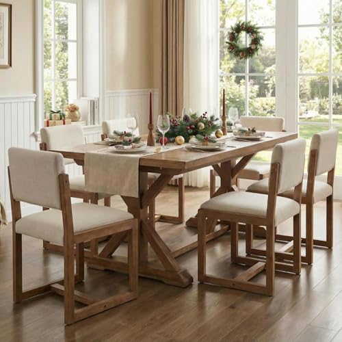 DUOMAY Mid-Century Linen Dining Chairs Set of 6, Beige