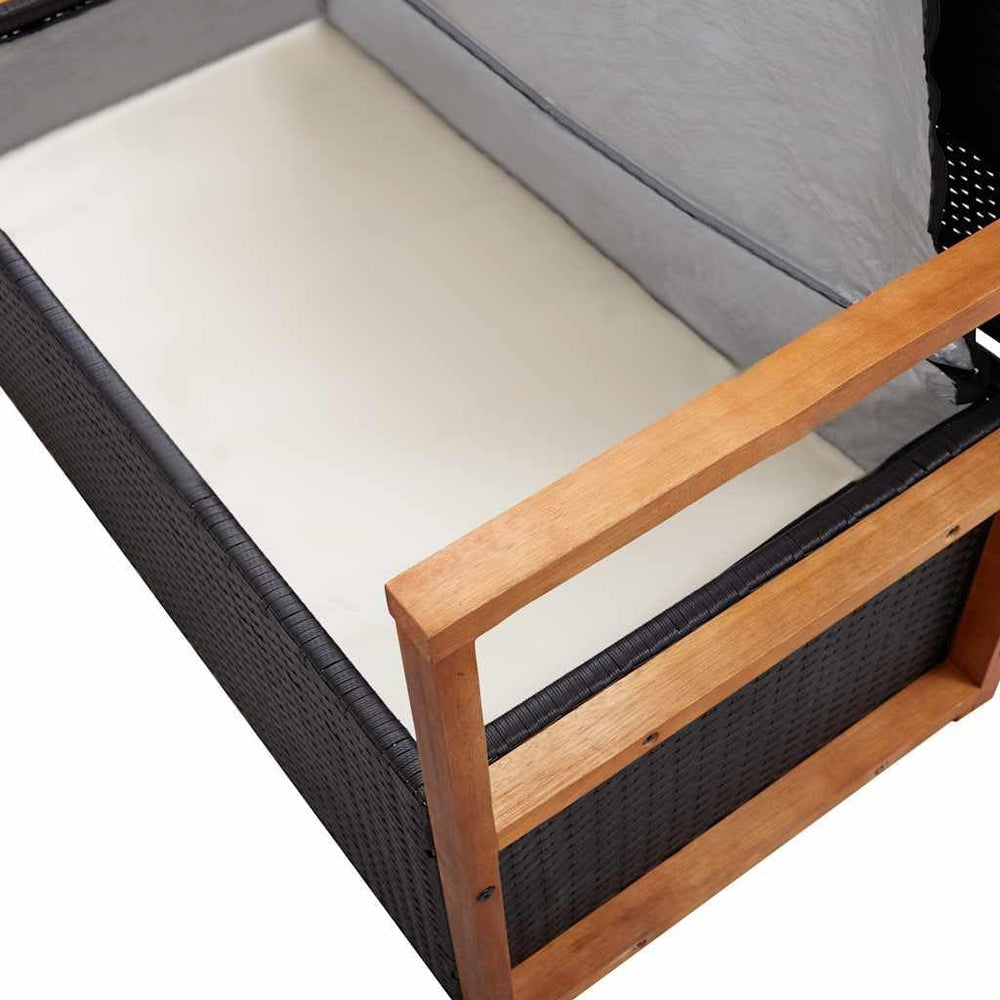 Poly Rattan Patio Storage Bench with Solid Acacia Wood Armrests and Backrest,...