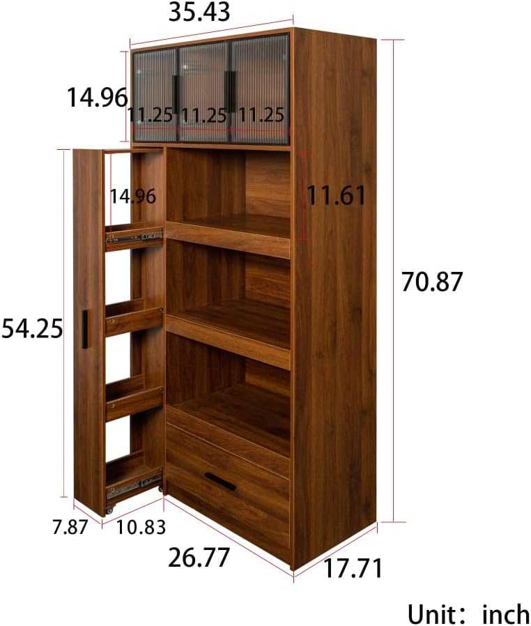 Modern Kitchen Pantry Cabinet with Glass Door, Walnut, 70.87" Tall Stora...