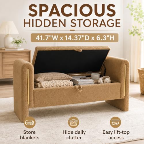 52" Upholstered Storage Bench, Brown, Armrests, Wood Frame | Mid-century...
